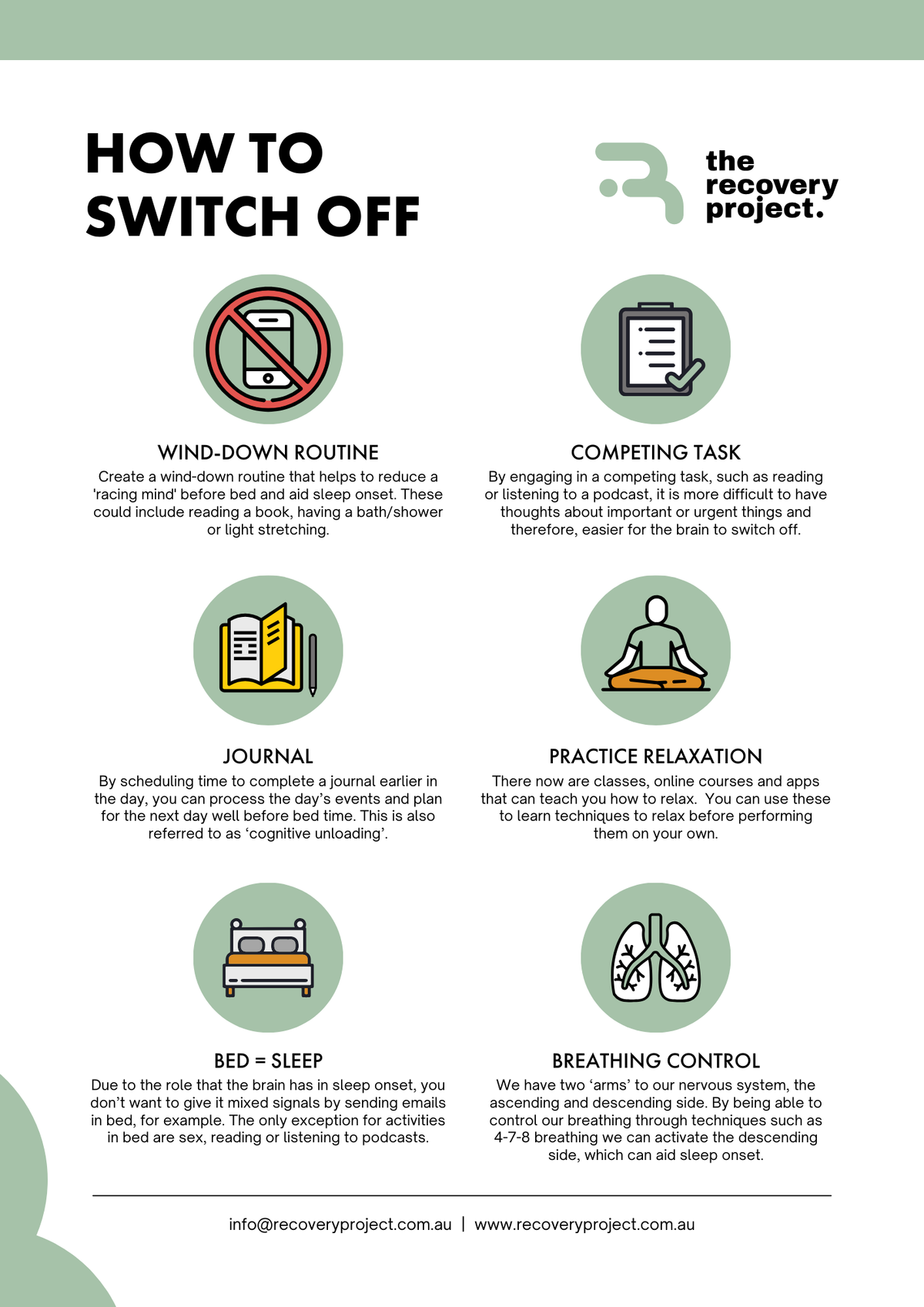 How to switch off before sleep: wind-down routine, competing task, journal, practise relaxation, bed is for sleep, breathing control