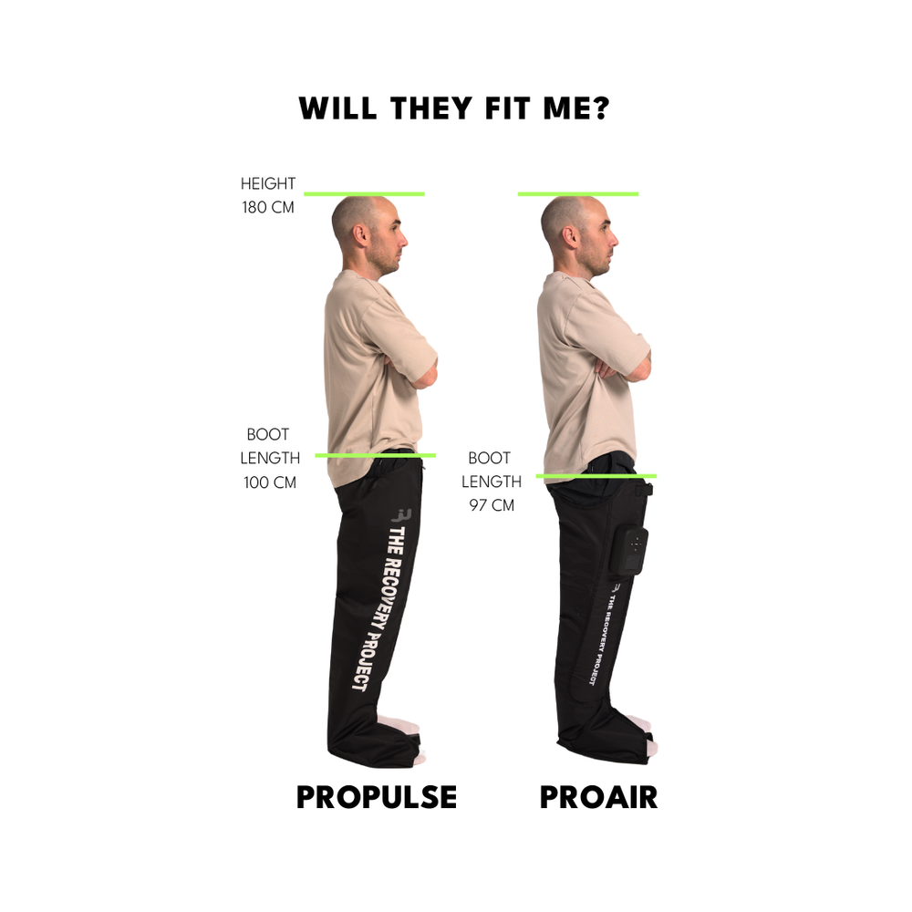Comparison chart showing height and boot length for 'Propulse' and 'ProAir' pants on a white background.
